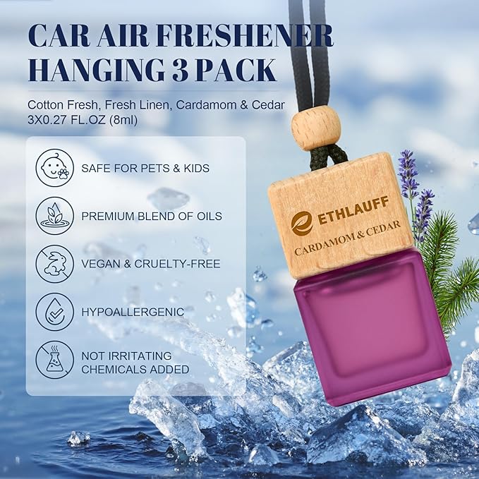 Car Air Freshener Hanging, 3 Pcs Cotton Fresh, Fresh Linen, Cardamom & Cedar, Car Scent Air Fresheners Diffuser for Car, 45+ days Long Lasting Fragrance, 0.27 FL OZ/8ML - Bloomnest