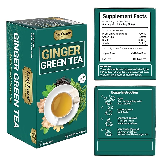 LeafLea Green Tea with Ginger, 80 Tea Bags (2 Packs), Natural Green Tea with Ginger Root, Lightly Sweetened with Stevia, Supports Digestion and Immunity, Low Caffeine, Non-GMO, Gluten-Free - Bloomnest