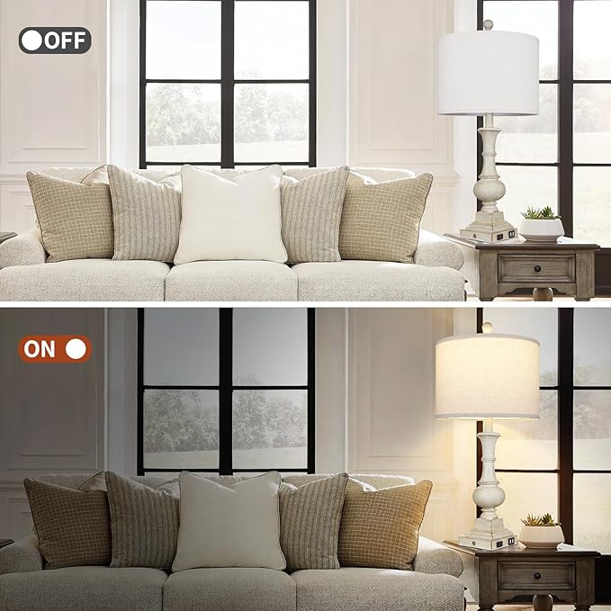 26" Farmhouse Table Lamps Set of 2, Rustic Touch Control Bedside Lamps with 2 USB Ports & AC Outlet, Vintage White Resin 3-Way Dimmable Nightstand Lamp Linen Fabric Shade for Living Room Bedroom Decor - Bloomnest
