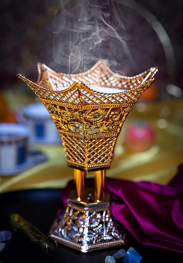 AM Bakhoor Charcoal Incense Burner - Oud Frankincense Resin Burner 10.5 Inches Tall - for Bakhoor Oud Incense Sticks Cones - Luxury Filigree (Rose Gold) - Bloomnest