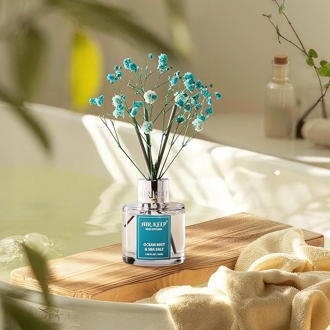 Airkeep Reed Diffuser Set,1.69 fl oz (50 ml) - Ocean Mist&Sea Salt Oil Diffusers with 8 Reed Sticks,Home Fragrance Reed Diffuser for Bathroom Shelf DecorSALT - Bloomnest