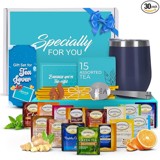 Tea Gift Sets for Tea Lovers Women and Men Tumbler 15 Unique Teas 10 Honey Straws (Decaffeinated) - Bloomnest