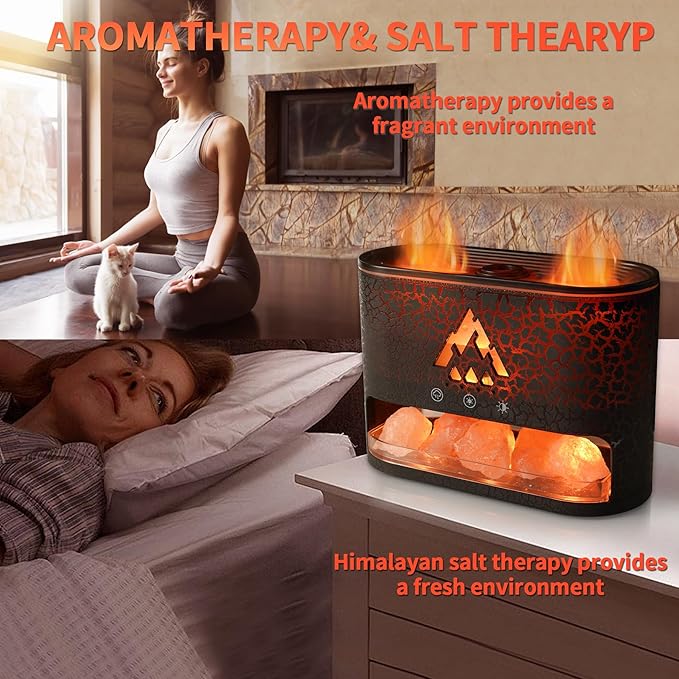 BOHOFAM Essential Oil Diffuser with Himalayan Salt lamp,Double Flame/Jellyfish 2 Mode Aroma Diffuser/Humidifier, Colorful Lights,4 * 10ML Hotel Collection Diffuser Oils Scents,for Home Bedroom(Black)