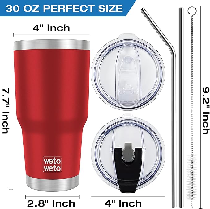 WETOWETO 30 oz Insulated Tumbler With 2 Lids and 2 Straws, Stainless Steel Double Vacuum Coffee Tumbler Cup, Powder Coated Travel Mug for Home, Office, Travel, Party (Harvest Red, 1 Pack) - Bloomnest