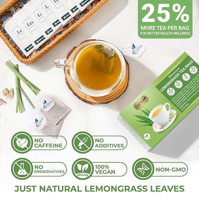 LeafLea Lemongrass Tea Bags, 40 Count, 100% Natural Lemongrass Leaves, Te Limon Grass, Te de Limoncillo Herbal Tea with Smooth Light Aroma, Sugar-Free, Caffeine-Free, Non-GMO, Vegan Friendly - Bloomnest