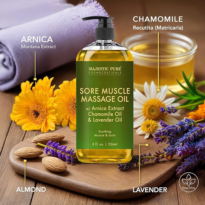 MAJESTIC PURE Arnica Sore Muscle Massage Oil for Massage Therapy - Refreshing, and Relaxing - Natural Oils with Lavender & Chamomile Essential Oils - All Skin Types - Men & Women - 8 fl oz (Pack of 2) - Bloomnest