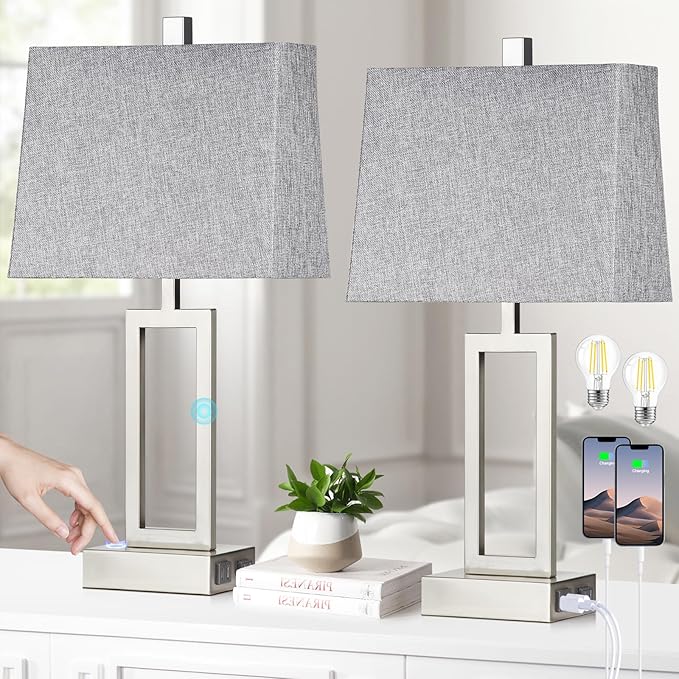 23.5" Touch Control Table Lamps, Metal Bedside Lamp for Bedroom Set of 2 with USB A+C Ports & AC Outlet, 3-Way Dimmable Nightstand Lamp for Living Room (LED Bulb Included) - Bloomnest