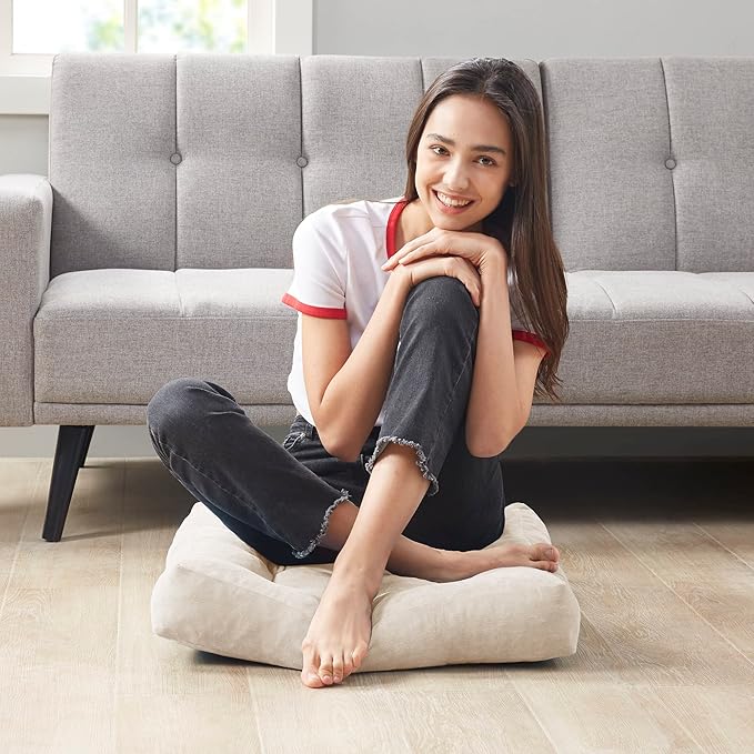 Degrees of Comfort Meditation Floor Pillow, Square Large Pillows Seating for Adults, Tufted Corduroy Cushion for Balcony Bedroom Tatami Living Room, Beige, 22x22 Inch - Bloomnest