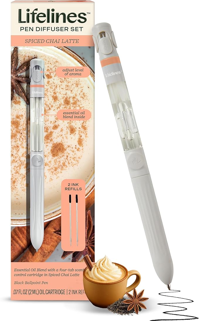 Lifelines Pen Diffuser Set, Spiced Chai Latte - 1mm Black Ballpoint Pen with Scented Essential Oil Blend & 2 Ink Refills – Aromatherapy Diffuser & Sensory Immersion Diffuse Aroma As You Write - Bloomnest