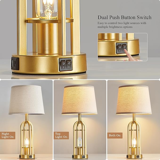 Gold Table Lamps for Living Room Set of 2 - Modern Farmhouse Bedside Lamps for Bedroom Night Stands with Nightlight and USB A+C, Industrial Lamp for Living Room End Tables - Bloomnest