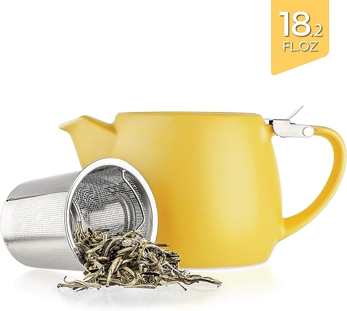 Tealyra - Pluto Porcelain Small Teapot Yellow - 18.2-ounce (1-2 cups) - Matte Finish - Stainless Steel Lid and Extra-Fine Infuser To Brew Loose Leaf Tea - 540ml - Bloomnest