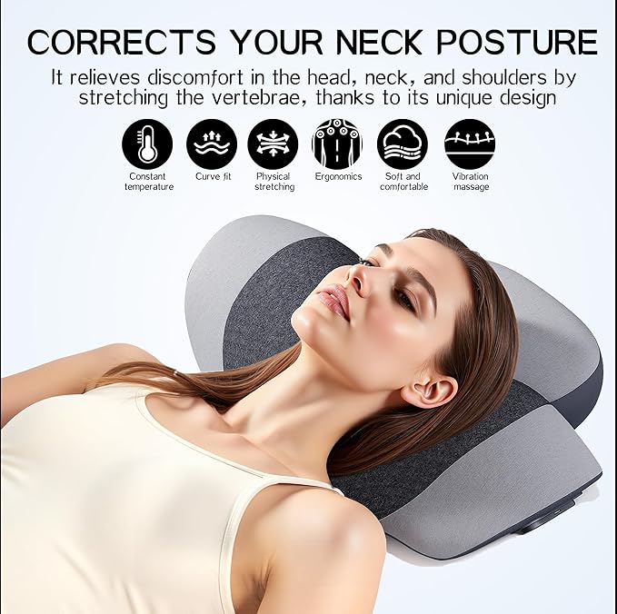 JINXIA Pillow Massage Neck Hump –Fisiorest 3-in-1 Neck Massager Pillow with Heat, Deep Tissue Relief & Neck Traction, Cervical Support & Hump Corrector for Women and Men, Memory Foam Support(Grey)