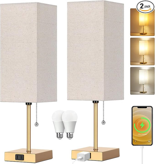 Table Lamp for Bedroom set of 2,3-Color Bedside Lamps with Pull Chain Table Lamps for Nightstand with AC Outlets,18'' Night Light Lamps with 2 Bulbs Lamps for Living Room Kids Office Decor（Glod） - Bloomnest