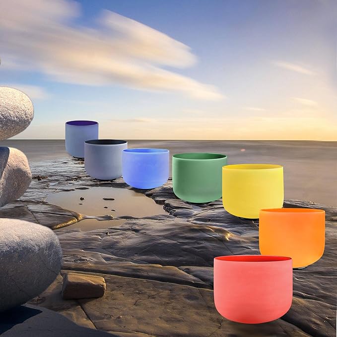 RYAN DVAN 432 hz 7-12 Inch Set of 7 Colored Frosted Quartz Crystal Singing Bowl with Free 2 pcs Carrying Cases - Bloomnest