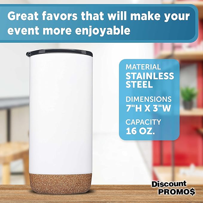 DISCOUNT PROMOS Travel Tumblers with Cork Bottom 16 oz. Set of 10, Bulk Pack - Double Wall Insulated, Matte Finish, Perfect for Iced Coffee, Soda, Other Beverages - White - Bloomnest