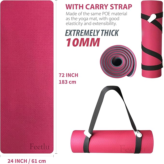 Extra Thick Exercise Yoga Mat with Strap - 2/5 Inch (10MM), Non-Slip Workout Mat for Yoga, Pilates, and Floor Exercises - Bloomnest