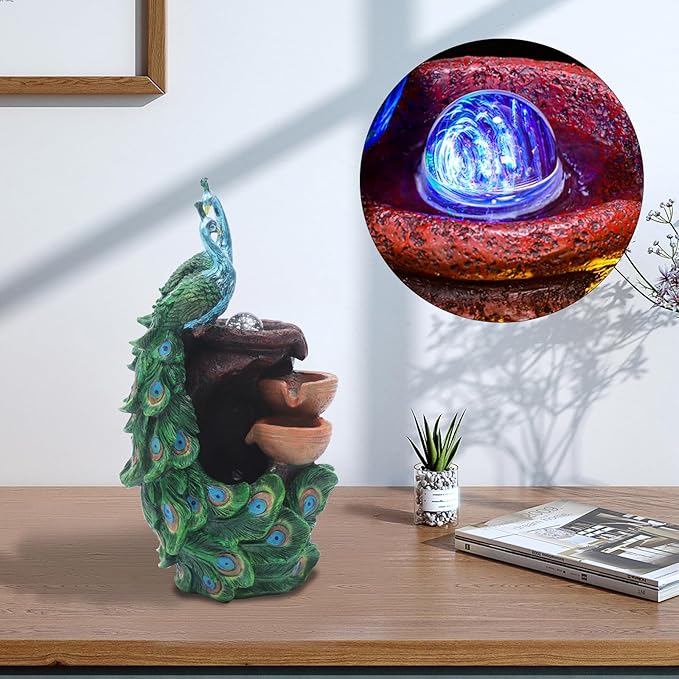 Art Decorative Animal Statue Bonsai Waterfall Fountain Humidifier with LED Lights, 21Inch Water Fountains for Home Living Room Bedroom Office Decor