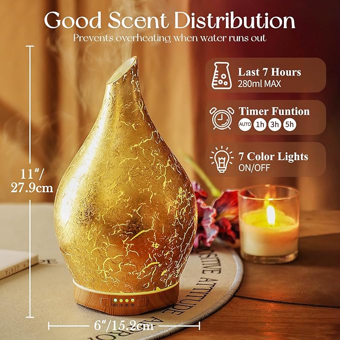 Porseme 280ml Essential Oil Diffuser, 3D Glass Aromatherapy Diffusor, Ultrasonic Cool Mist BPA Free Aroma Humidifier with Timer and Color Changing Function, Waterless Shut-Off for Home Office Room - Bloomnest