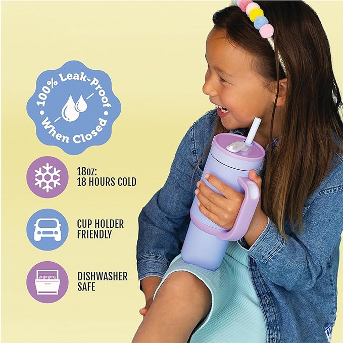 Ello Oasis 18oz Kids Tumbler with Handle & Retracting Straw, 100% Leakproof Reusable Insulated Stainless Steel Cup, Keeps cold for 18 Hours, Cup Holder Friendly, Lavendar Fields - Bloomnest