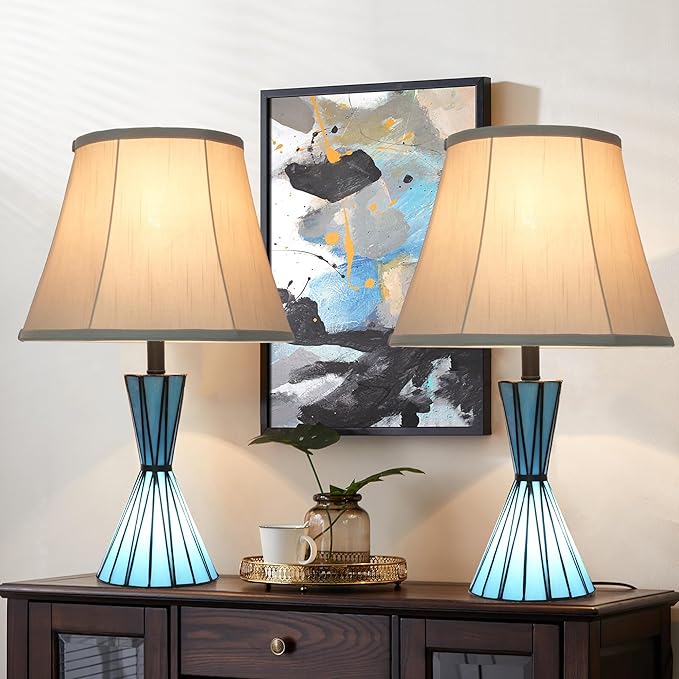 Table Lamps Set of 2, 3-Way Dimmable Modern Glass Table Lamps for Living Room with Stained Glass Night Lights 21" Bedside Desk Lamps for Nightstand for Home Decorations - Bloomnest