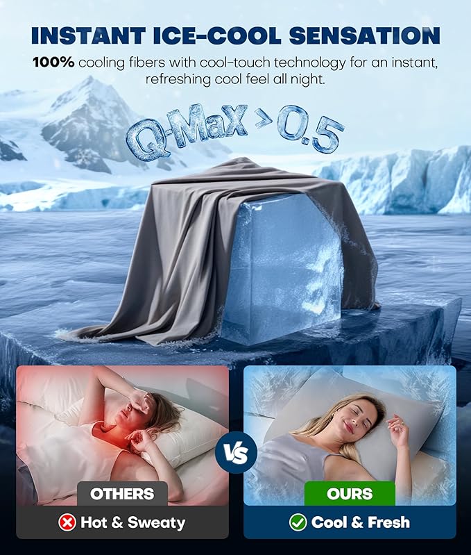Ultra-Chill Cooling Pillowcase Set of 2 for Hot Sleepers, Softer Than Silk Pillow Cases for Protecting Hair & Skin, Breathable Bed Pillow Covers w/Zipper, Gifts for Women Men (Light Gray, Standard) - Bloomnest