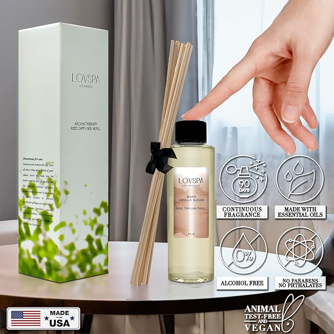 LOVSPA Warm Vanilla Sugar Diffuser Oil - Luxury Essential Oils for Diffuser Refill & Air Freshener Room Spray - Long-Lasting & Natural Home Fragrance, Scented Oil for Diffusers, USA Made, 4oz - Bloomnest