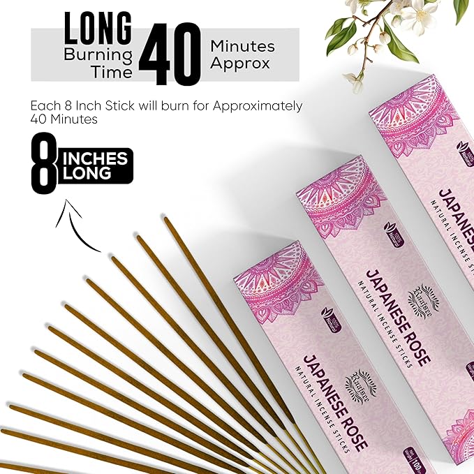 Raajsee Japanese Rose Incense Sticks (180 gm), 100% Pure Organic Natural Hand Rolled Free from Chemicals- Perfect for Aromatherapy, Cleansing, Meditation, and Church (Pack of 12) - Bloomnest
