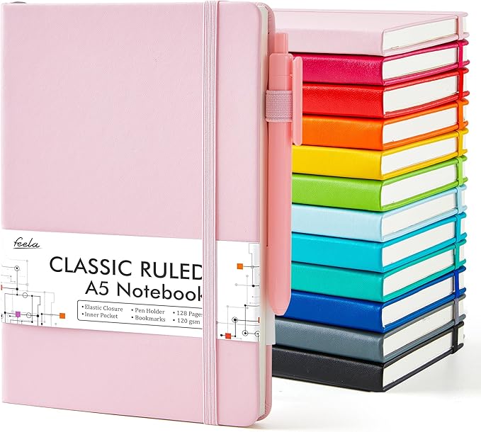 feela Notebooks Journals Bulk, Hardcover Notebook Classic Ruled Journal Set with Pen Holder for School Business Work Travel Writing, with 12 Black Pens, 120 GSM, 5.1”x8.3”, 12 Pack, A5, Solid Colors - Bloomnest