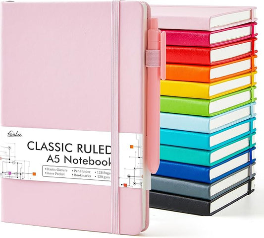feela Notebooks Journals Bulk, Hardcover Notebook Classic Ruled Journal Set with Pen Holder for School Business Work Travel Writing, with 12 Black Pens, 120 GSM, 5.1”x8.3”, 12 Pack, A5, Solid Colors - Bloomnest