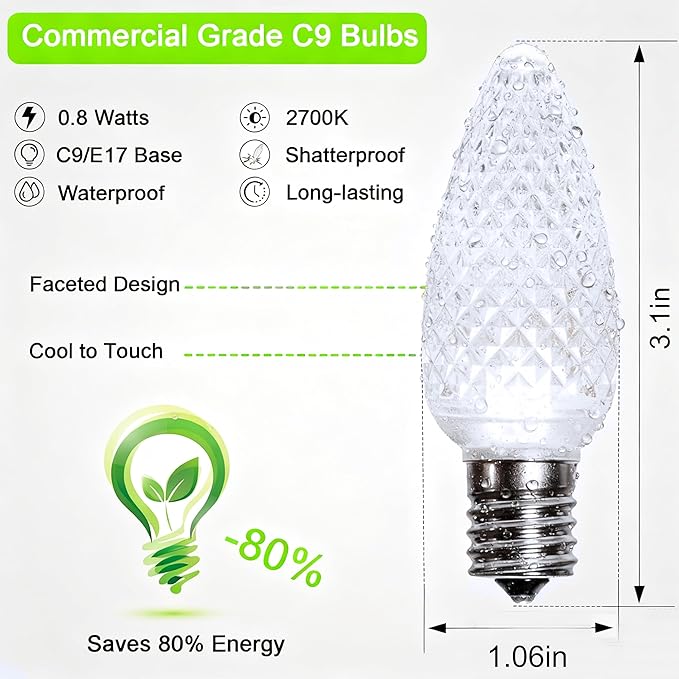echosari 25 Pack C9 LED Replacement Christmas Light Bulbs, 0.8W UL Listed Commercial Grade Holiday Bulbs, C9/E17 Candelabra Base Sockets (Cool White) - Bloomnest