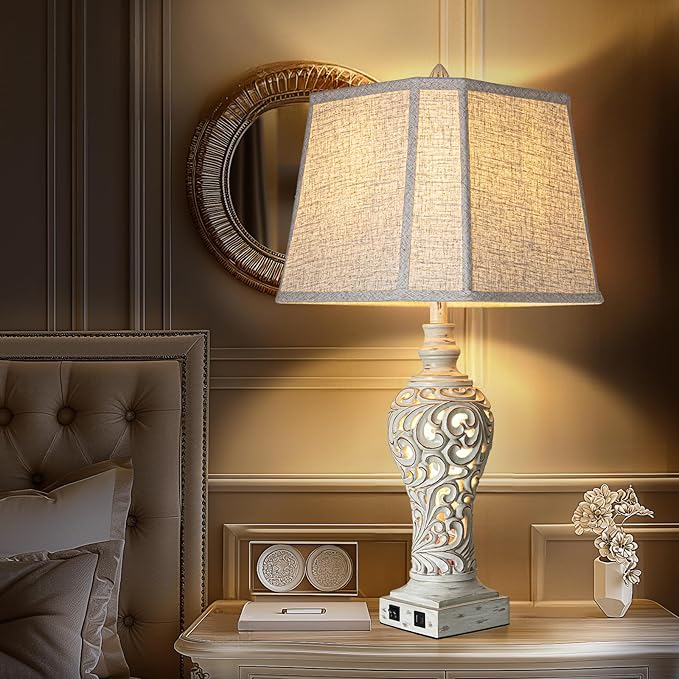 32" Tall Table Lamps Set of 2 - Bedside Lamp with Fabric Shades - for Bedroom and Living Room with USB and Nightlight - Perfect for Nightstands and Bedrooms - Bulbs Included - Bloomnest