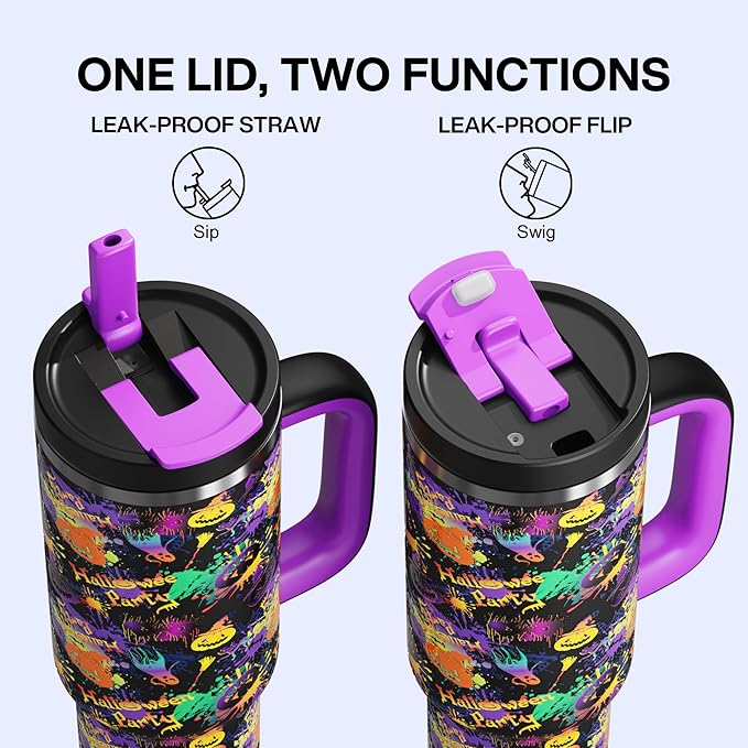 ENCOOL 40 oz Tumbler with Handle and Straw: Stainless Steel Insulated Tumbler Keeps Cold for 24 Hours, Leakproof Travel Cup Fits in Cup Holder and BPA-Free, Ghost Party ENCOOL