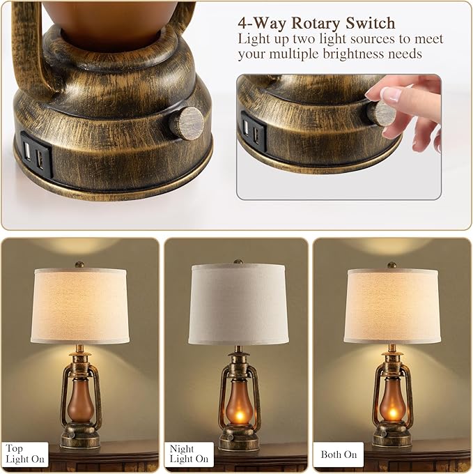 RORIANO 25" Set of 2 Rustic Lantern Table Lamps for Living Room Bedroom, 2 USB Ports Farmhouse Vintage Bedside Desk Lamp Nightlight for Entryway Office End Table, 4 Bulbs Included - Bloomnest