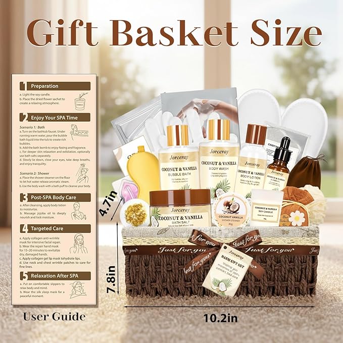 22PCS Valentines Day Spa Gift Baskets for Women, Luxury Bath and Body Gift Basket Set for Women Coconut Vanilla Spa Kit Relaxing Spa Self Care Gift for Her Wife Lover Mom Sister Friend
