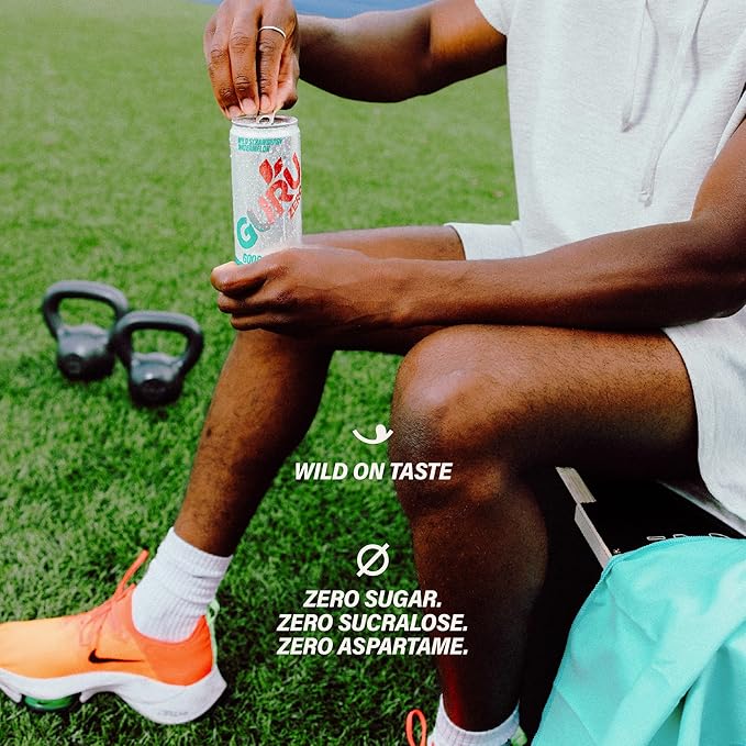 GURU ZERO SUGAR Wild Strawberry Watermelon Organic Energy Drinks, Clean Energy Drink with Plant Based Natural Caffeine from Green Tea, Coconut Water, Prebiotic, Zero Added sugars, Gluten Free and Vegan, Pre Workout, Healthy Drinks, 12oz (Pack of 24) - Bloomnest
