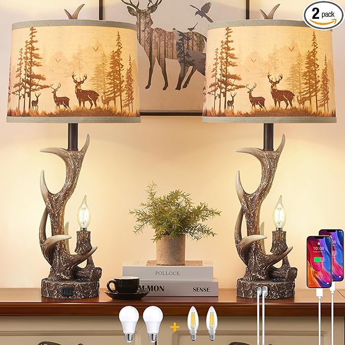 2PACK Rustic Antler Table Lamps Included 4 Bulbs for Bedroom, 28'' Farmhouse Antler Table Lamp with Deer Forest Lampshade USB + Type C Ports Decor for Living Room End Table Cabin Office House - Bloomnest