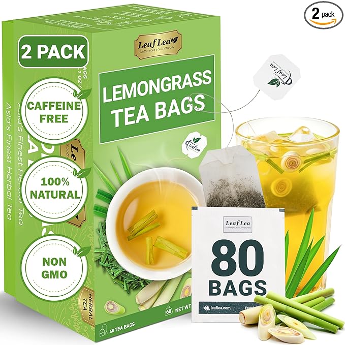 LeafLea 80 Premium Lemongrass Tea Bags, Natural Herbal Lemongrass Leaves, Te de Limoncillo for Digestion Support, Light & Soothing Taste, Caffeine-Free, Sugar-Free, Vegan, Individually Wrapped - Bloomnest