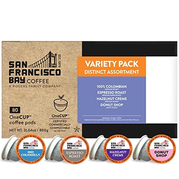 San Francisco Bay Compostable Coffee Pods - Assorted Variety Pack (80 Ct) K Cup Compatible including Keurig 2.0, Donut Shop, Colombian, Hazelnut, Espresso - Bloomnest