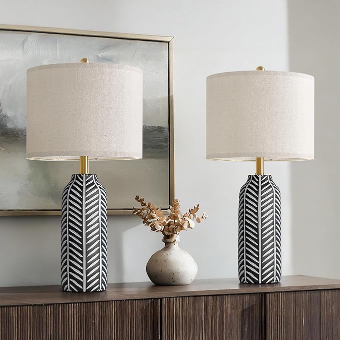 BOBOMOMO 26" Farmhouse Black Table Lamps Set of 2 – Rustic Resin Lamps with Vintage Leaf Pattern and Linen Shades, Black Bedside Lamps for Bedroom, Living Room, Office, Entryway, Console Table - Bloomnest