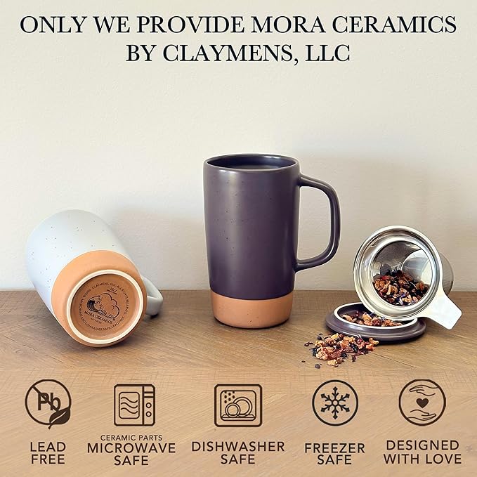 Mora Ceramics Large Tea Mug with Loose Leaf Infuser and Ceramic Lid, 18 oz, Portable, Microwave, Dishwasher Safe, Tall Coffee Cup - Rustic Matte Ceramic Glaze, Modern Herbal Tea Strainer, Nightwaves - Bloomnest