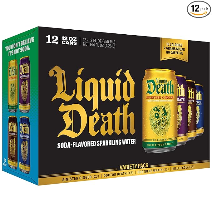 Liquid Death Soda-Flavored Sparkling Water - Classic Variety 2, Less Sugar*, Huge Flavor, No Artificial Sweeteners, 4 Flavors: Sinister Ginger, Doctor Death, Cola, Root Beer, 12 Fl Oz (Pack of 12) - Bloomnest