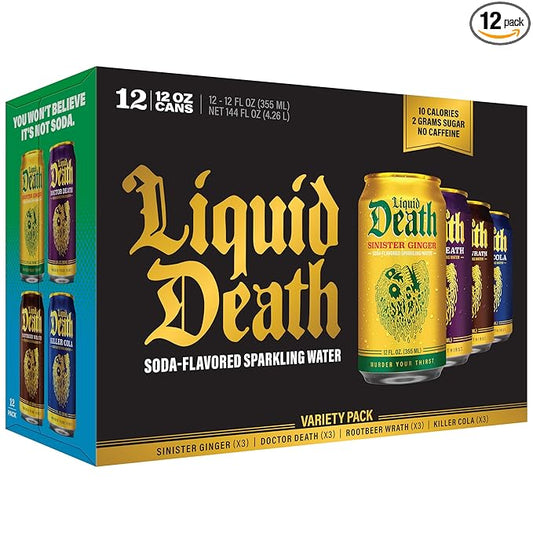 Liquid Death Soda-Flavored Sparkling Water - Classic Variety 2, Less Sugar*, Huge Flavor, No Artificial Sweeteners, 4 Flavors: Sinister Ginger, Doctor Death, Cola, Root Beer, 12 Fl Oz (Pack of 12) - Bloomnest