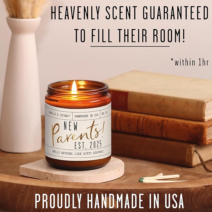 New Parents Gifts for Couples - 'New Parents Est 2025' Candle, w/Coconut, Vanilla I Mom and Dad Gifts for New Parents After Birth I First Time Parents Gift I Expecting Parents I 50 Hr Burn, USA Made - Bloomnest
