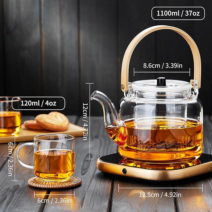 Glass Teapot Set, 37OZ/1100ML Glass Tea Kettle with 4 Double Wall Teacups, Tea Pot with Infusers for Loose Tea, Stovetop & Microwave Safe Tea Maker - Bloomnest