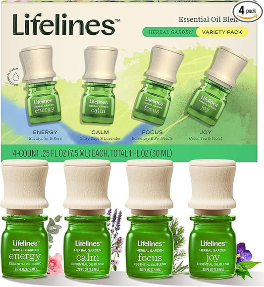 Lifelines Essential Oil Blends, 4-Pack - Blended Essential Oils with Precision Pump for Aromatherapy Diffusers - Long-Lasting Scented Fragrance - Herbal Garden (Joy, Calm, Focus & Energy) - Bloomnest