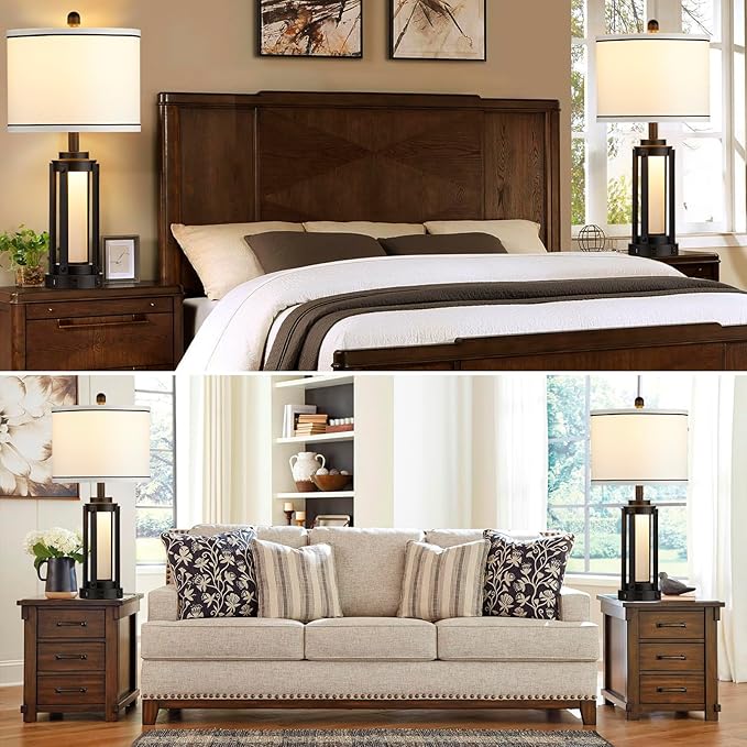 Industrial Table Lamps Set of 2, Modern Beside Lamp with USB A+C Charging Ports & AC Outlet, Rustic Nightstand Lamp with LED Night Light for Living Room Bedroom End Table Entryway Black Bulbs Included - Bloomnest