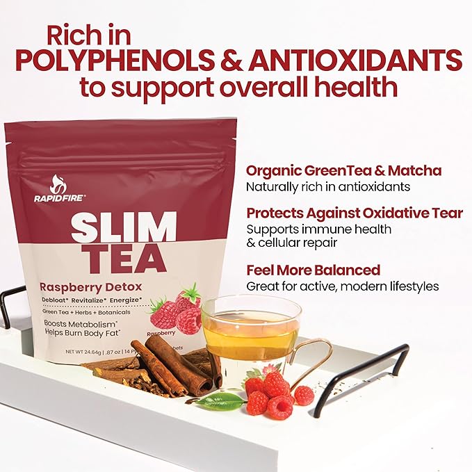 Rapid Fire Slim Tea Bags, Blend of Natural Herbs and Botanicals, Promotes Energy and Digestion, Supports Metabolism, 14 Servings, Raspberry Flavor - Bloomnest