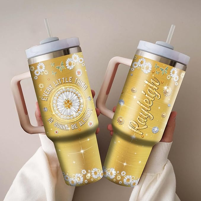 WAZONE Personalized Hippie Coffee Tumbler 40oz with Handle and Straw Custom Name Everything Is Gonna Be Alright Jewelry Style Stainless Steel Travel Mug Christmas Birthday Gift For Girls Women - Bloomnest
