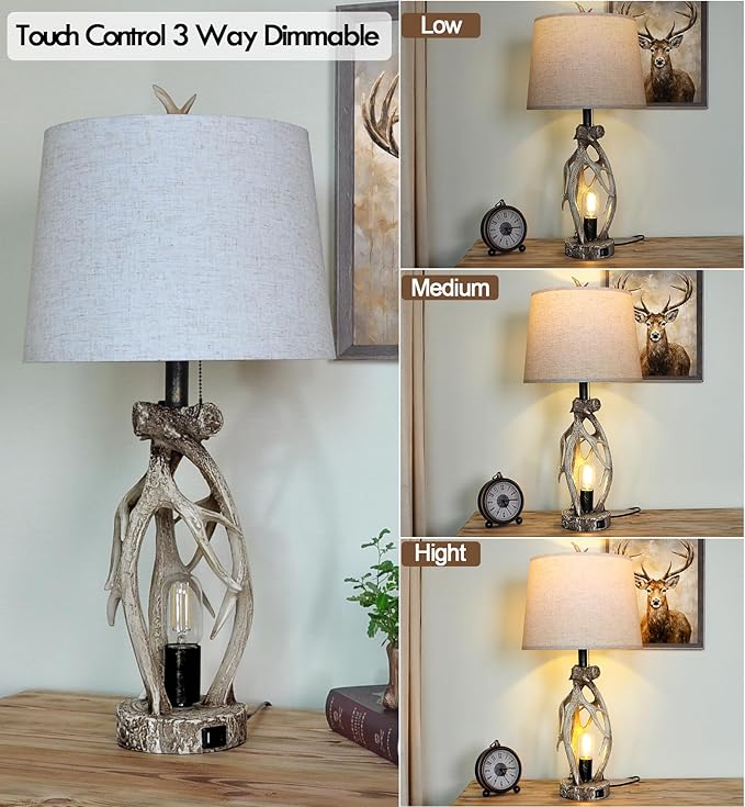 28" Touch Rustic Antler Table Lamps Set of 2 for Bedroom, 3 Way Dimmable Farmhouse Nightstand Lamps with USB + Type C Ports for Living Room End Table Cabin Decor (Included 4 Bulbs) - Bloomnest