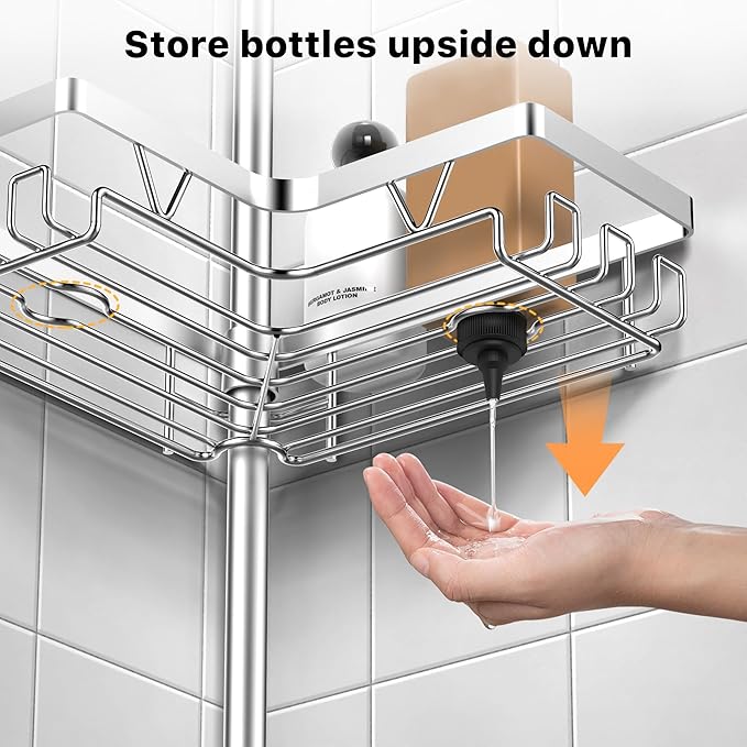 KEGII Shower Caddy Corner Tension Pole - Adjustable Corner Shower Organizer with Tooth Brush Holder, No Drilling Rustproof Bathroom Shelf Storage Rack, Fits 25-114.2 Inch, Silver - Bloomnest